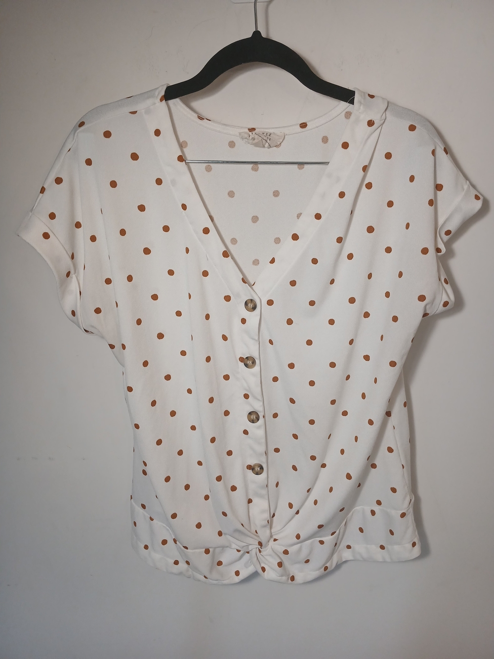 Polka Dot V-Neck Button-Front Blouse in White and Tan